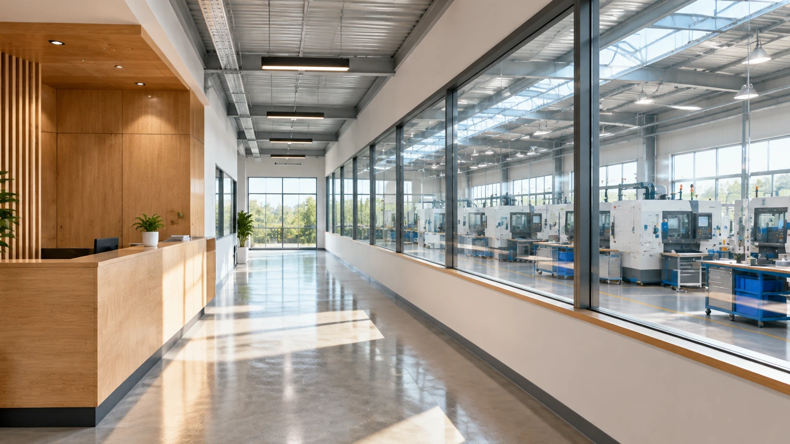 Illustrative visitor corridor overlooking a workshop