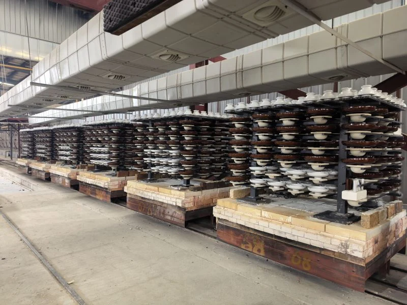 Porcelain insulators arranged inside the factory