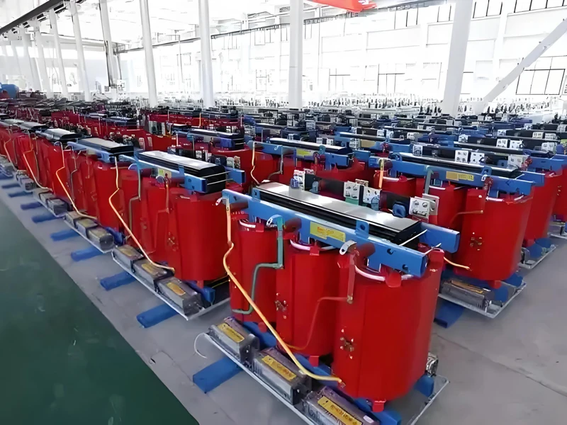 Dry-type transformers arranged in the workshop