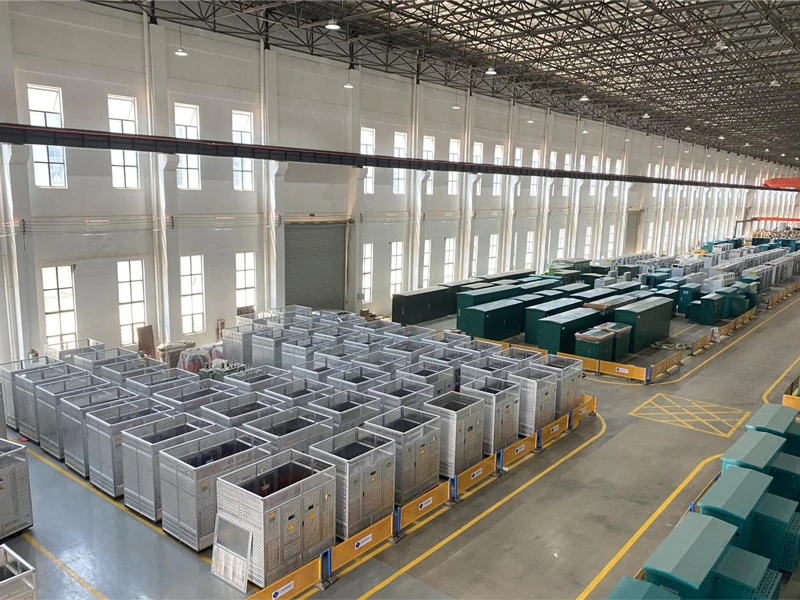 Workshop overview with assembled transformer equipment