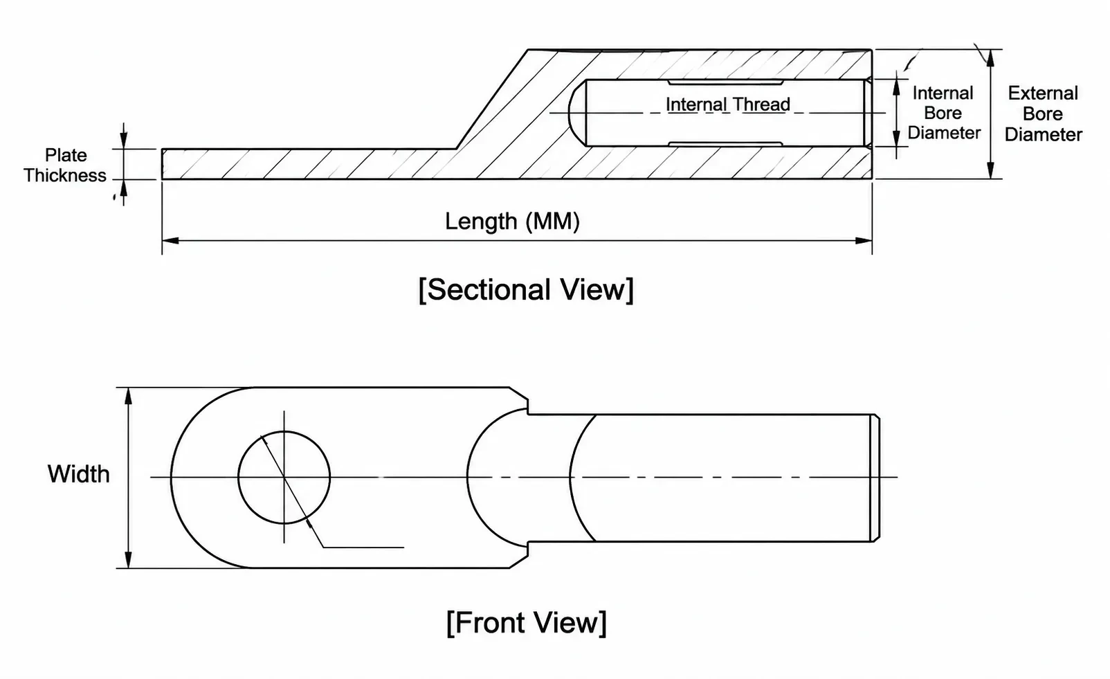 Reference terminal drawing showing the bore, hole and connection dimensions