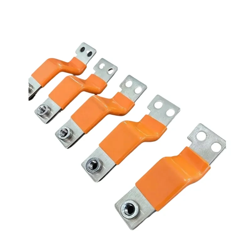 Epoxy powder-coated rigid copper busbars on a white background