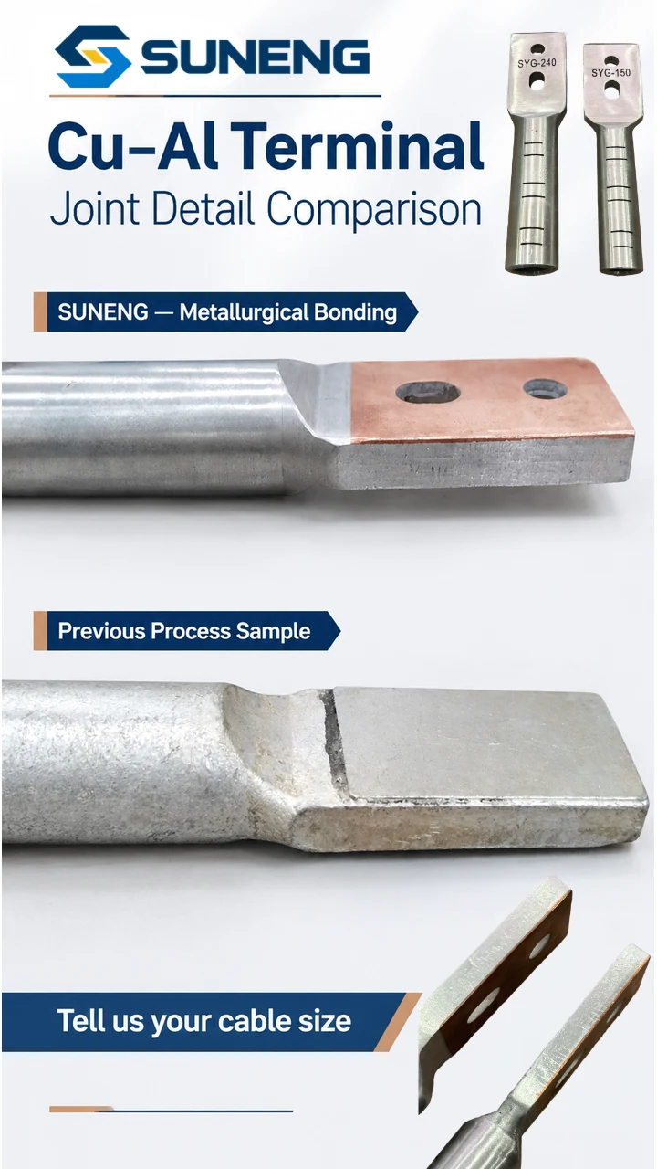 SUNENG Cu-Al terminal joint detail comparison showing metallurgical bonding and a previous process sample