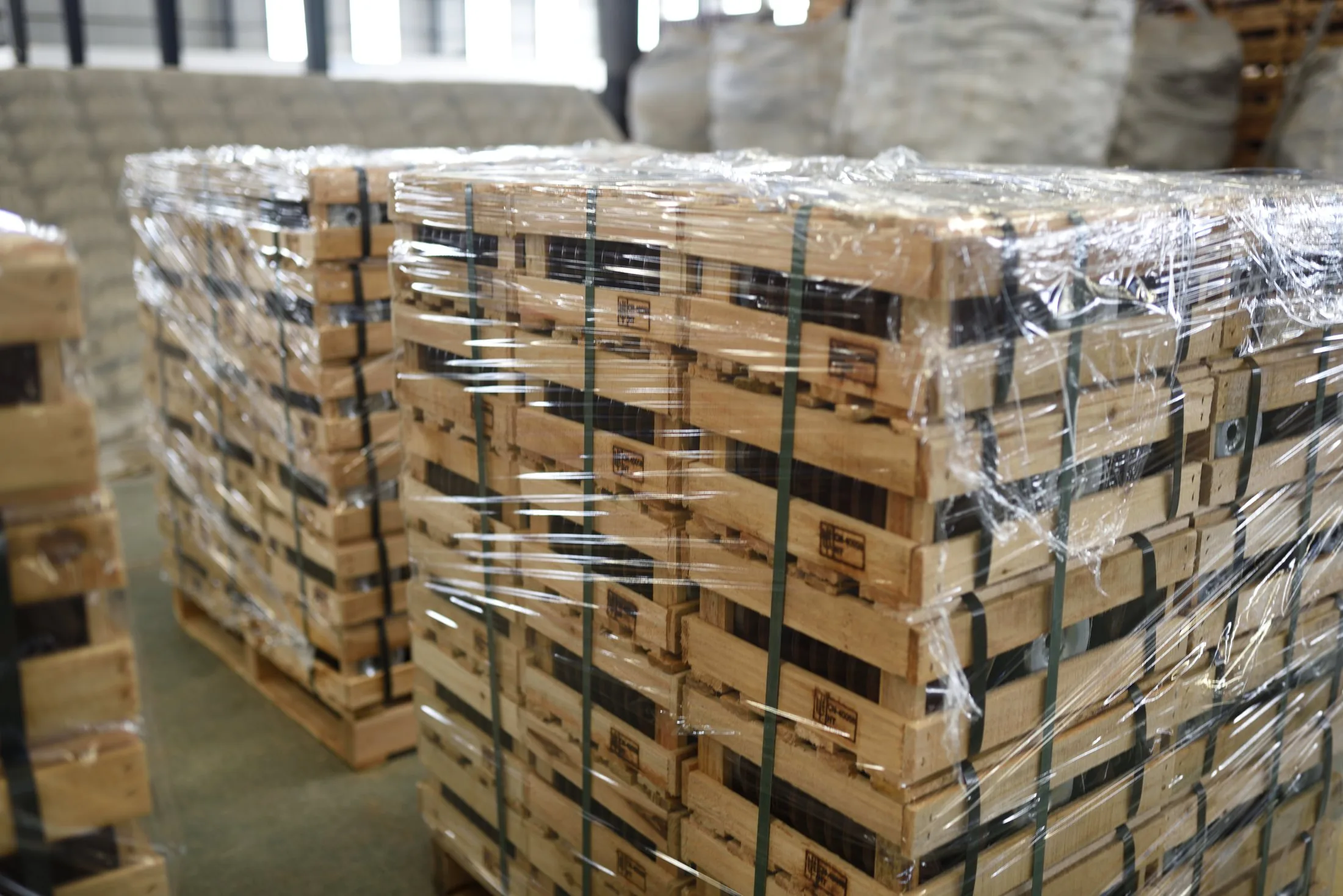 Finished wooden crates wrapped for shipment