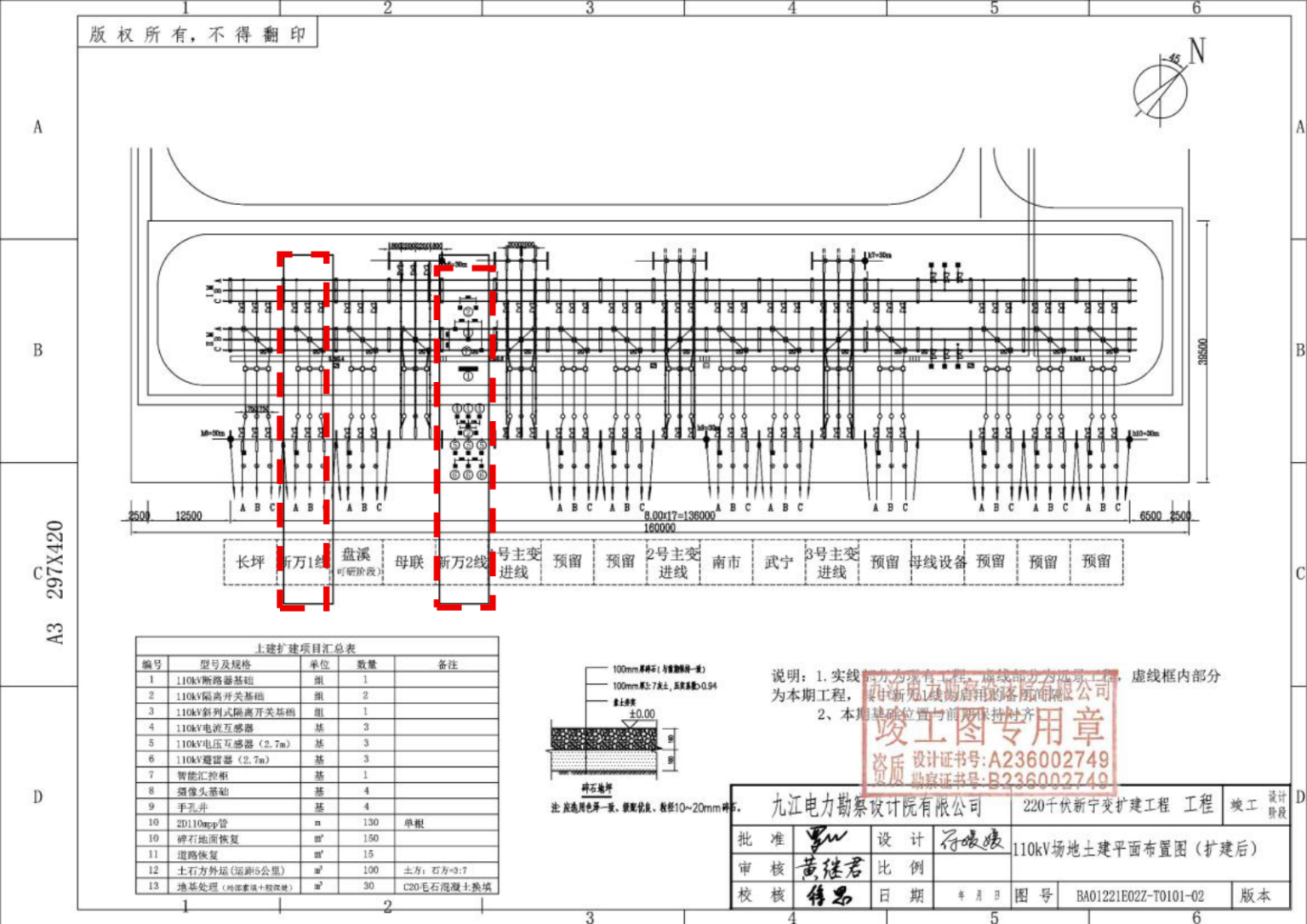 Xinning 110 kV bay arrangement - completion-stage drawing (source PDF p. 51)