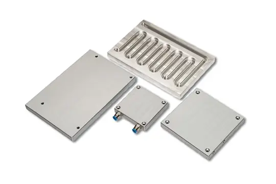 Aluminium cold plate assemblies with a machined serpentine channel, cover plates and fluid connections